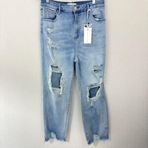 Risen Women High Rise Straight Jeans Size 15/ 32 Crop Distressed Light Wash Blue